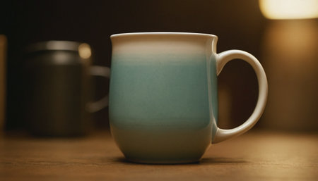 Coffee cup on wood table in coffee shop, stock photoの素材
