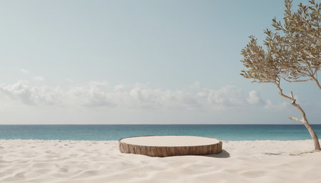 Wooden podium on the beach. 3d rendering, mock upの素材