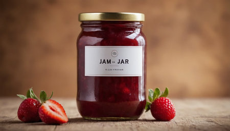 Homemade strawberry jam in a glass jar with fresh strawberries on wooden backgroundの素材
