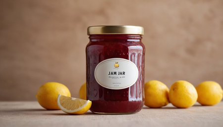 Lemon jam in a glass jar with lemons on a wooden tableの素材