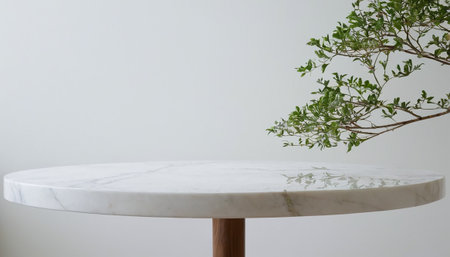 White marble stone table with green plant in pot decoration interior room.の素材