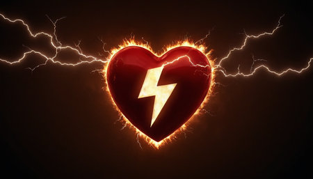 Heart shaped lightning bolt on dark background. 3d rendering toned imageの素材