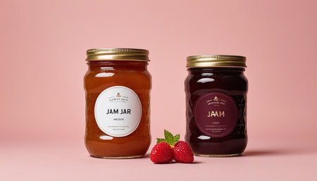 Strawberry jam in a glass jar on a pink background.の素材