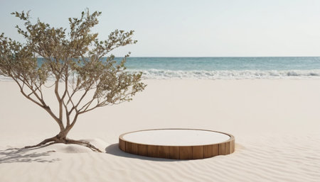 Wooden podium on the beach with sea and tree in the backgroundの素材