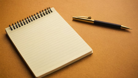 Notebook and pen on a brown background. Top view with copy space.の素材
