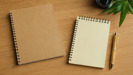 Blank notepad and pen on wood table background with copy space.の素材