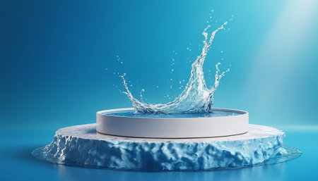 3d render of podium with water splash on blue background. Product presentationの素材