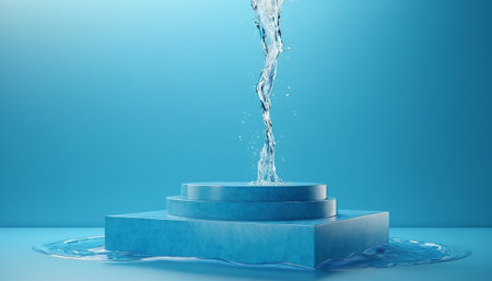Podium with water splash on blue background. 3D rendering.の素材