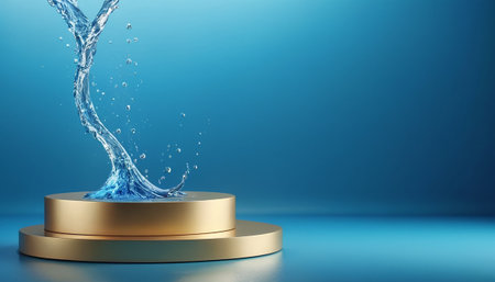 Podium with blue water splash on blue background. 3d renderの素材