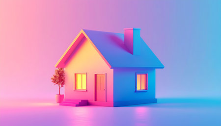3d render of house on pink and blue background. Real estate concept.の素材