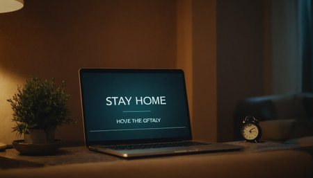 Laptop with stay at home text on screen. Work from home concept.の素材