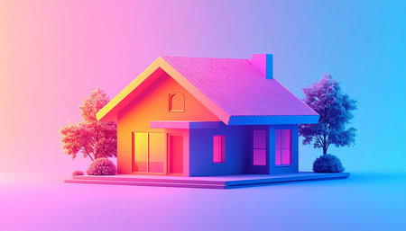 3d render of house with blue roof on a colorful background.の素材