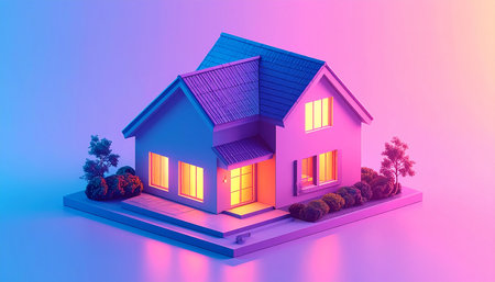 3d render of a house with a roof in neon light.の素材