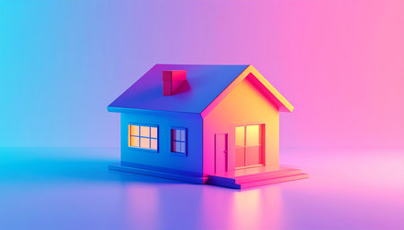 3d rendering of a house in neon light on a blue backgroundの素材