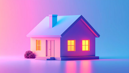 3d render of a house on a blue and pink background.の素材