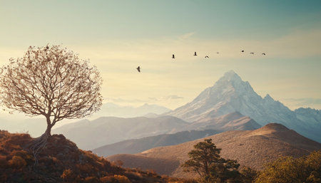 Beautiful mountain landscape with a lonely tree and a flock of birdsの素材