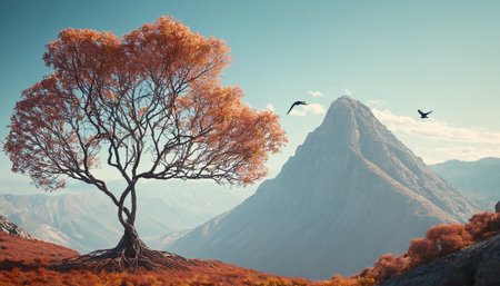 Autumn landscape with a lonely tree and a mountain in the backgroundの素材