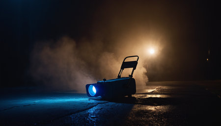 Snow blower on asphalt road at night with fog and backlightの素材