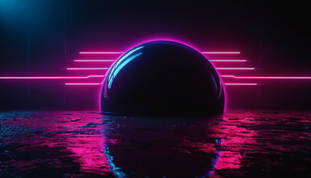 Abstract futuristic background with neon lights and black sphere. 3D Renderingの素材