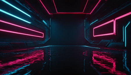 Dark abstract futuristic room with neon lights. 3d rendering toned imageの素材