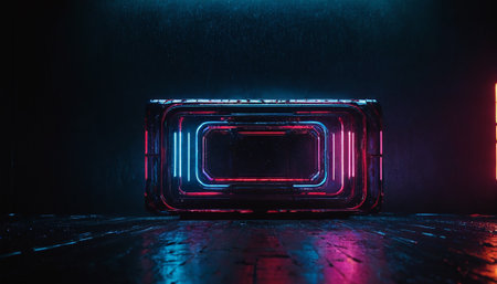 3d rendering. Futuristic neon box in dark room with glowing lights.の素材