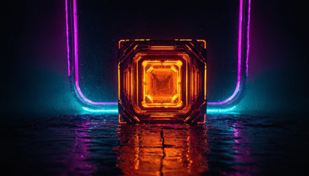 Futuristic neon cube on a dark background. 3d renderingの素材
