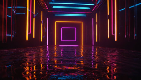 3D abstract background with neon lights. 3d illustration. Neon tunnelの素材