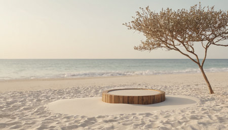 Wooden product stand on sandy beach with sea and tree. 3d renderingの素材