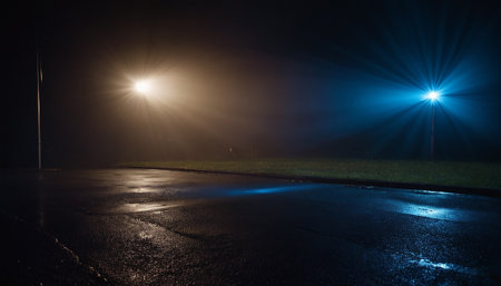 Empty asphalt road at night with lights and fog in the background.の素材