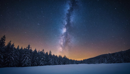 Milky Way in the night sky over winter forest with fir treesの素材