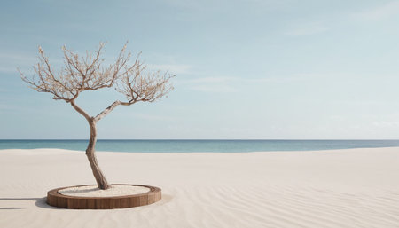 3d rendering of a tree on a white sand dune by the seaの素材
