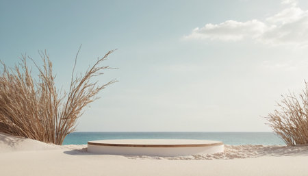 3d render of white podium on the beach with reeds and blue skyの素材