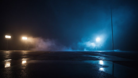 Foggy street at night with lights and puddles on wet asphaltの素材