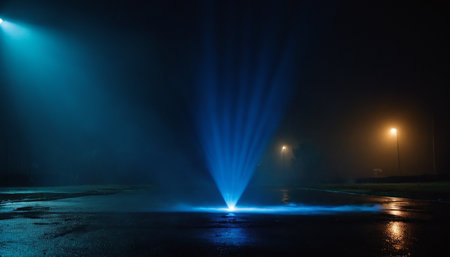 Fountain on the street at night, illuminated by spotlights.の素材