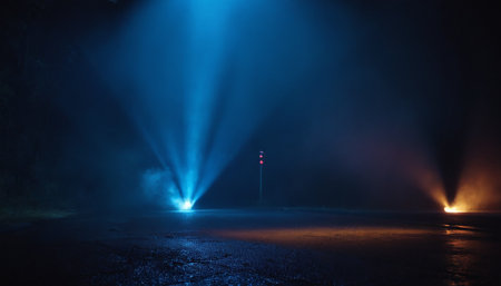 Stage lights on a foggy night. Lighting equipment on dark backgroundの素材