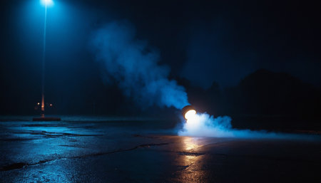 Foggy night on the beach. The light of the lantern.の素材