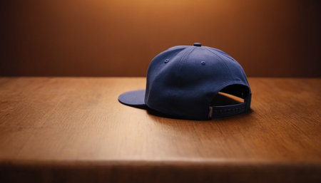 Baseball cap on a wooden table. Close-up. Selective focus.の素材