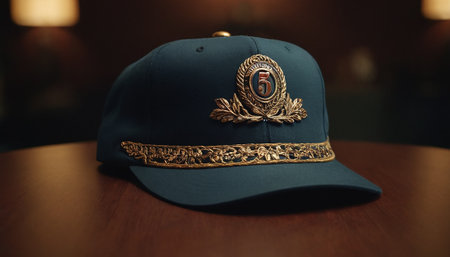 A close up shot of a blue cap with a golden ornament.の素材