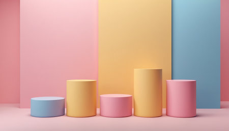 3d render of abstract minimal geometric forms. Glossy colorful podiums for your design. Fashion show stage.の素材