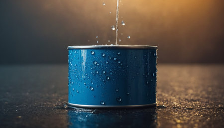 Pouring water into a blue tin can on a dark background.の素材