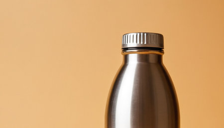 Close up of a stainless steel water bottle on a beige backgroundの素材
