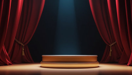 Stage podium with red curtains and spotlights. Award ceremony concept. 3D Renderの素材