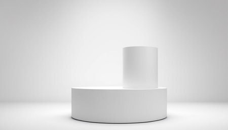 3d rendering of white round podium for product presentation in white roomの素材