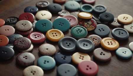Buttons of different colors on a wooden table. Selective focus.の素材