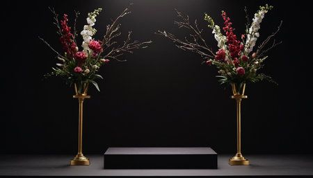 Minimalist display podium for product presentation with flowers in vases on black backgroundの素材