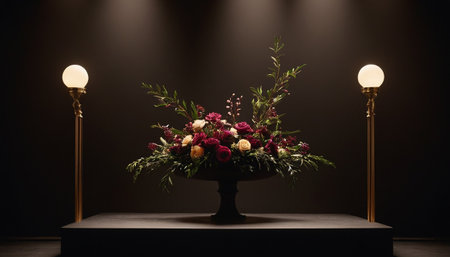 Bouquet of beautiful flowers in vase on table in dark roomの素材