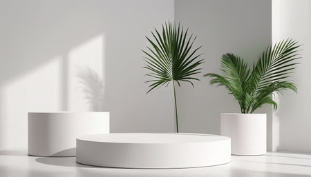 3d render of minimal product display podium with palm leaves and shadows.の素材