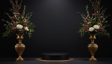 Black podium for product presentation with flowers in vases on dark backgroundの素材