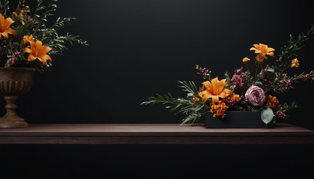 Flowers in vase on wooden shelf with black wall background.の素材