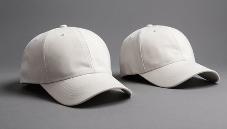 White baseball cap isolated on grey background. Front and back view.の素材